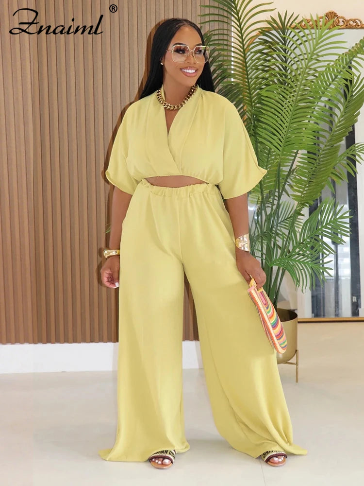 Znaiml Fashion Women's 2-Piece Set Solid V-Neck Crop Top And Wide Leg Pants Casual Streetwear for Autumn Loose Tracksuis 2025