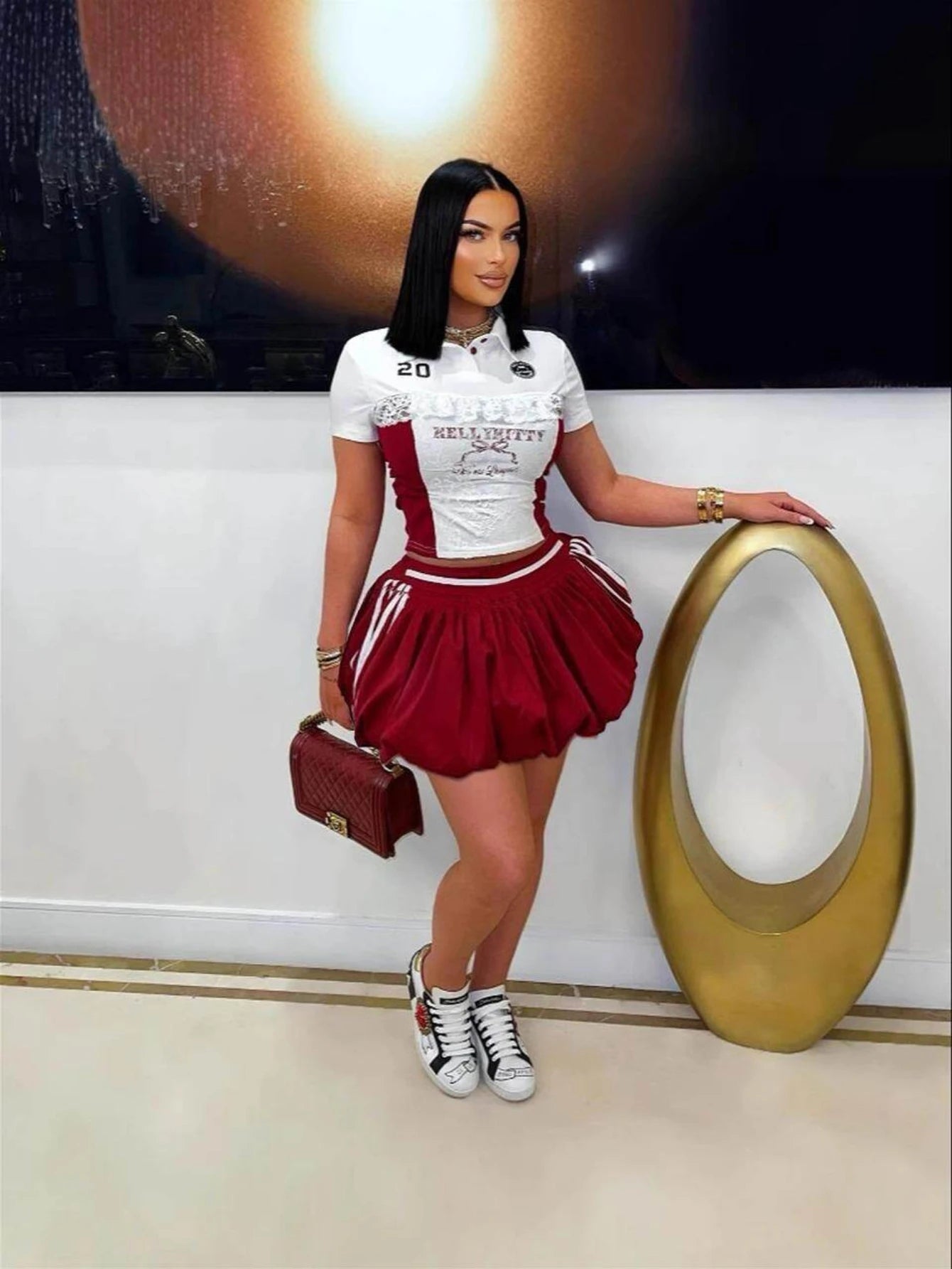 Women's Short Sleeve Color Block Polo Crop Top Matching Bubble Mini Skirt For Daily Street Sport Casual Weekend Occasions