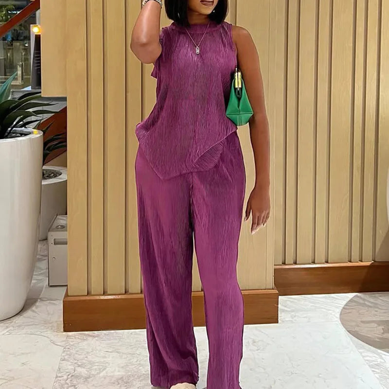 CM.YAYA Fashion Pleated Draped Women Set Sleeveless Tops + Wide Leg Pants 2025 Summer Two 2 Piece Sets Africa Outfits Tracksuit