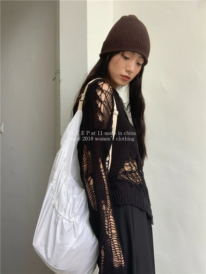 Karrram Gothic Hollow Out Sweater Hole See Through Oversized Knitted Pullovers Emo Streetwear Grunge Clothes Y2k Tops Spring