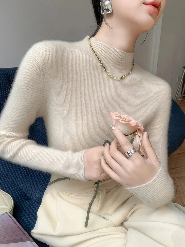 Women 100% Cashmere Sweater Mock Neck Pullover Autumn Winter Slim Basic Cashmere Knitwear Soft Warm High Strecth Pullover Tops