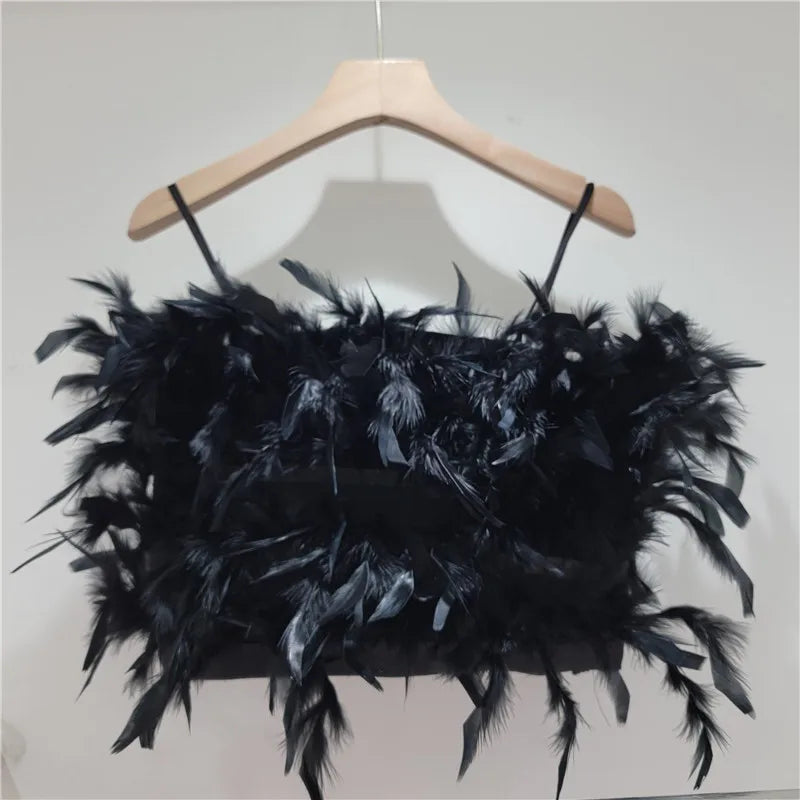 YEAE fluffy ostrich feather halter top design sense short small halter vest women's outer wear inner top tide