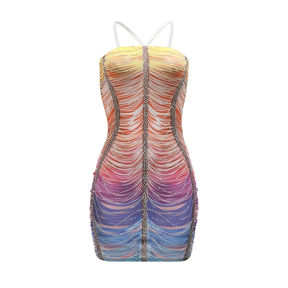 CM.YAYA Women Rainbow Diamonds Crystal Tassel Halter Neck Bodycon Midi Dress 2024 Evening Sexy Party Club Chic Dresses Vestidos