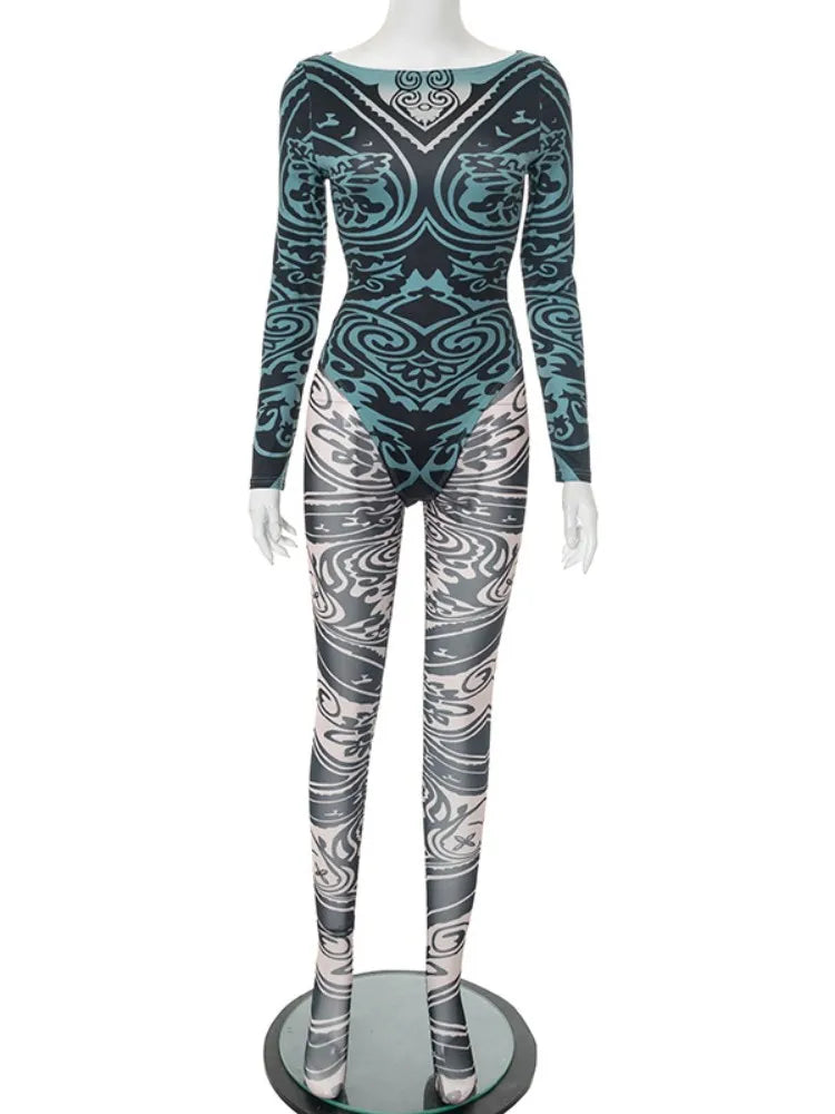 Joskaa 2025 Women's Abstract Print Two Piece Set Sexy Round Neck Long Sleeve Bodysuit + Skinny Pants Matching Y2K Streetwear