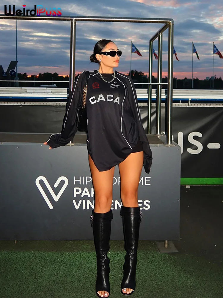 Weird Puss Casual Daily T-Shirts Women Letter Print O-Neck Full Sleeve o-Neck Simple Casual Sporty Wild Street Trend Loose Tees