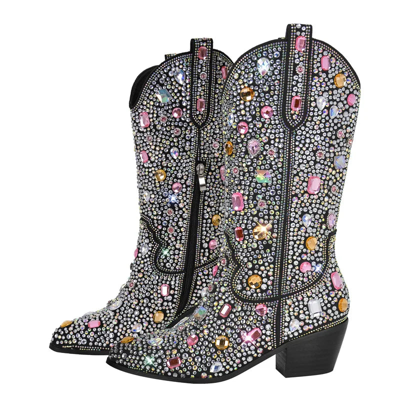 Rhinestone Knee High Cowgirl Boots With Chunky Heels for Women