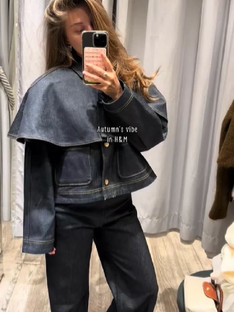 Chic Vintage Cape Denim Jackets For Women Lapel Single Breasted Pocket Jean Coat Pocket Casual Outwear 2025 Autumn Winter Coats