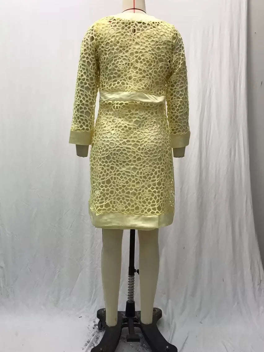 2025 Women's Lace Open Cardigan Dress Two-Piece Outfit Popular Wish Elegant Style Chinese Origin Fashionable Female Clothing