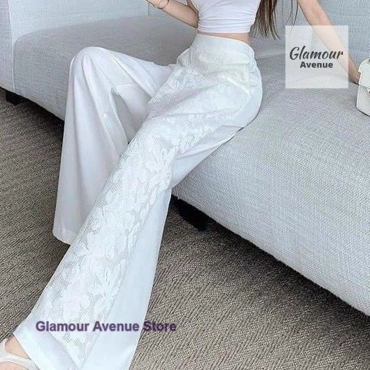 French style lace stitching high waist wide-leg pants women's summer thin fashion fake two pieces of casual Joker long pants.