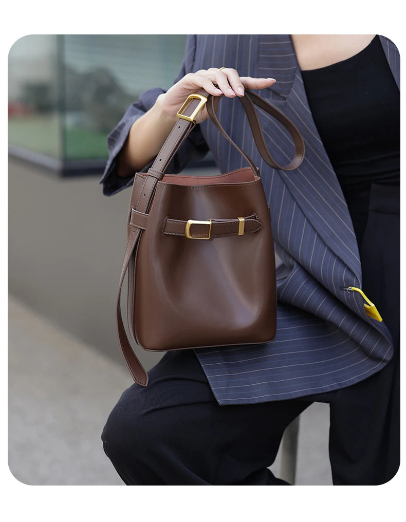 Cow Split Leather Bucket Bag Women Vintage messenger High Quality Simple Handbag Lady Shoulder Bag Luxury Female Crossbody Bags