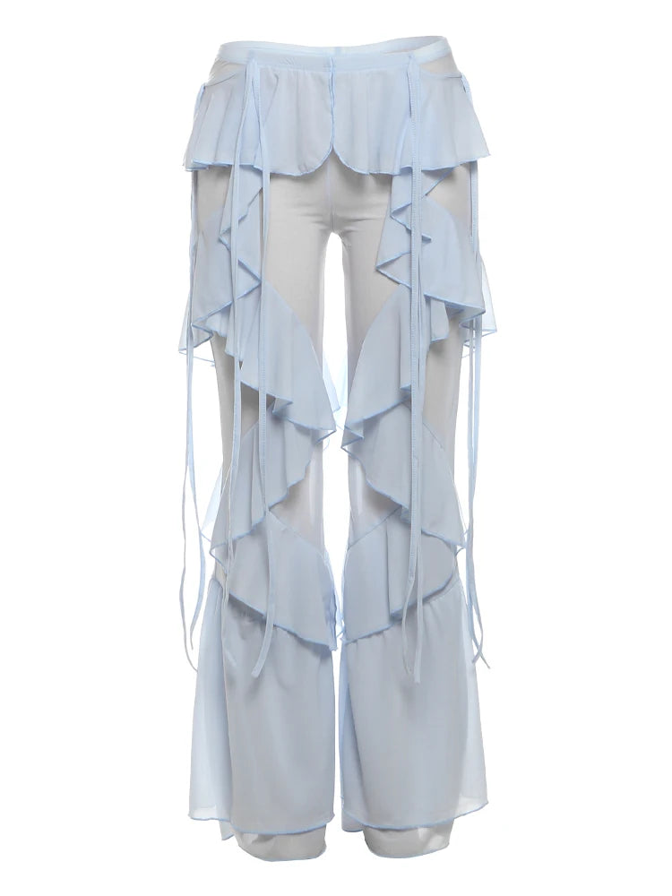 Weird Puss Irregular Tierred Flare Pants Women Y2K Patchwork See Through Summer Hipster Wild Basic Street Trend Classic Trousers