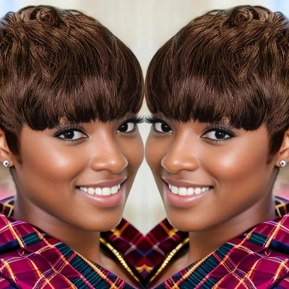 Short Layered Pixie Cut Human Hair Wig with Bangs for Women