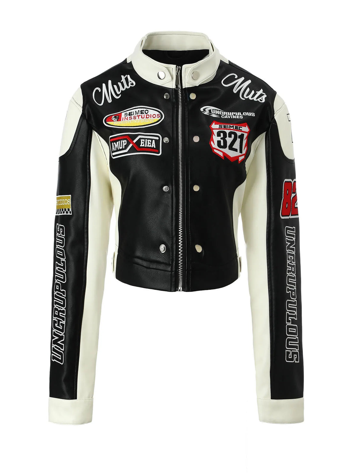 Contrasting Color Embroidered PU Leather Jacket for Women