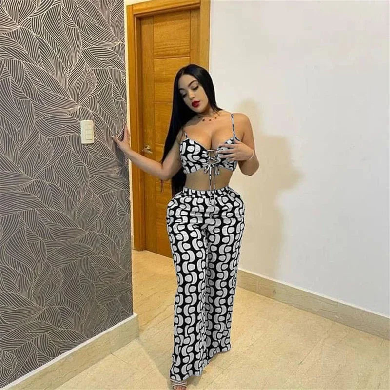 Black White Print 2 Piece Outfit Set Women Clubwear Hollow Out Spaghetti Strap Lace-up Crop Top and Wide Leg Pants Matching Sets