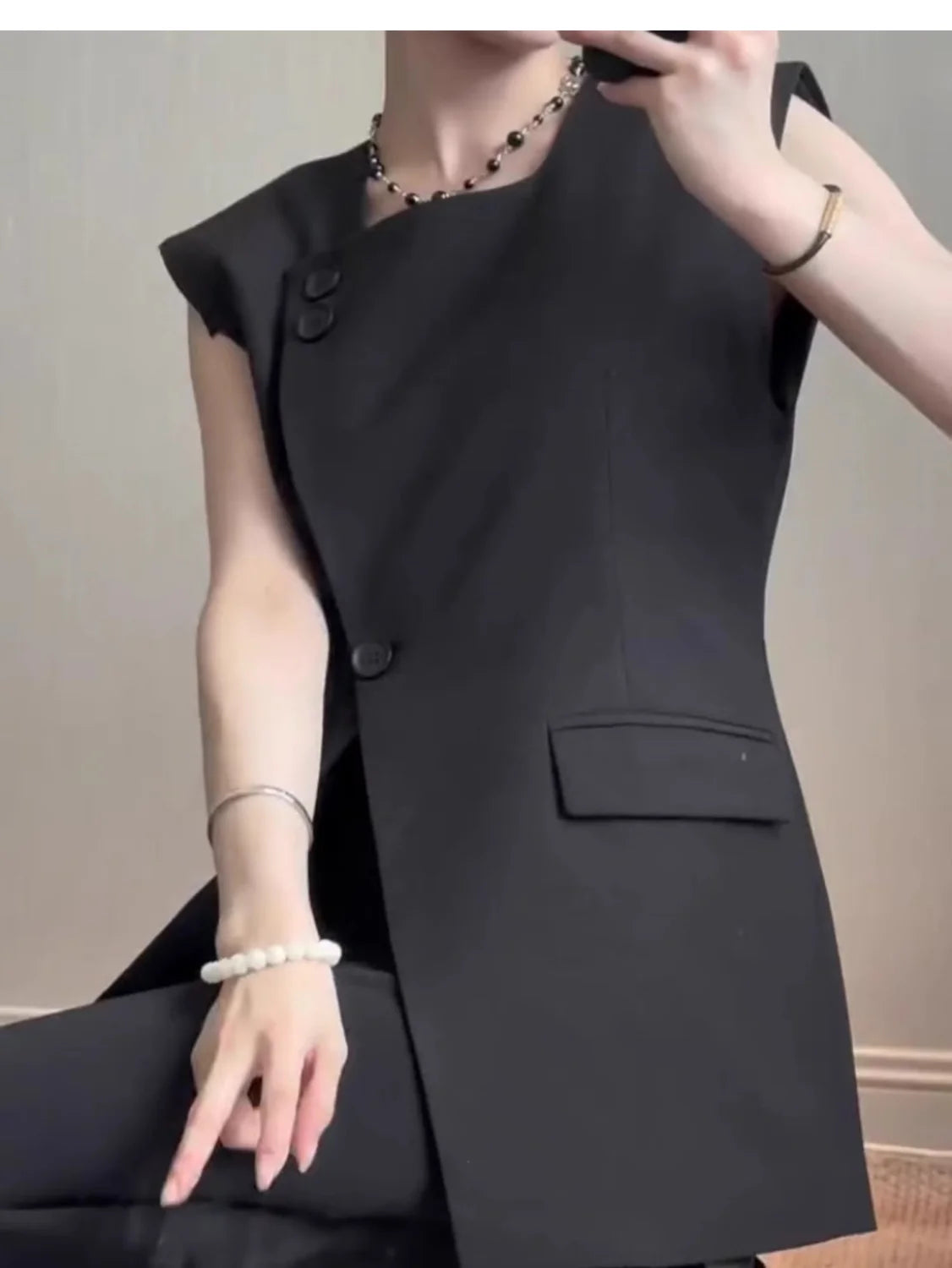 Black Button Front Split Sleeveless Vest For Women