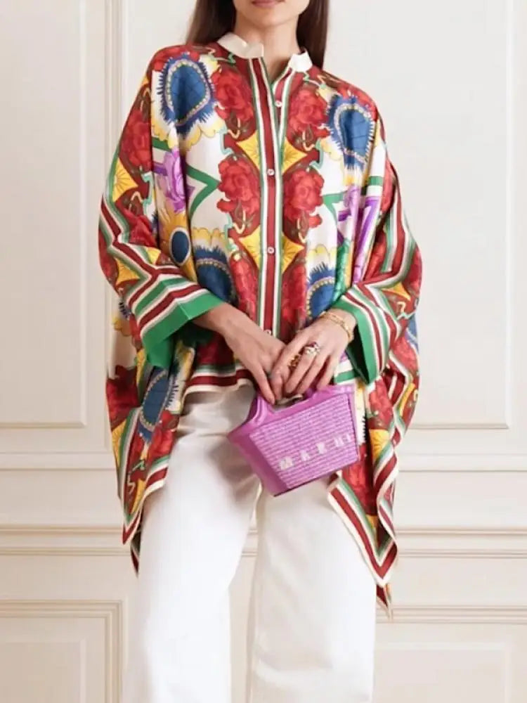 Fashion Stylish Selection Batwing Sleeves Flower Print Stand Collar Blouses Women Spring Summer High-low Buttoned Shirts Tops