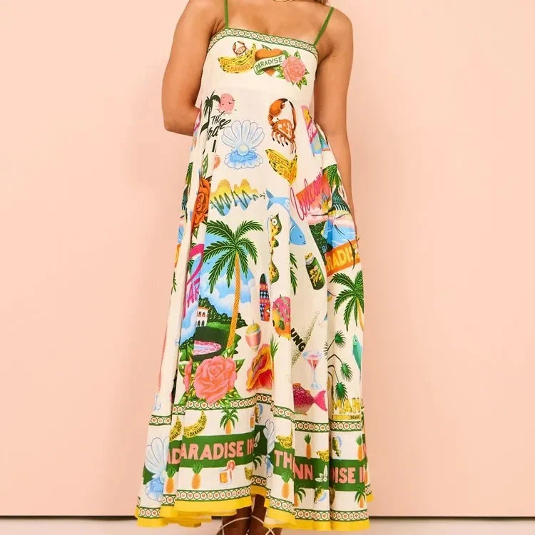 Sexy Off-Shoulder Graffiti Cotton Linen Print Maxi Dress Women's New Hot Sale Of The Season Sleeveless Loose Fit Gown for Women