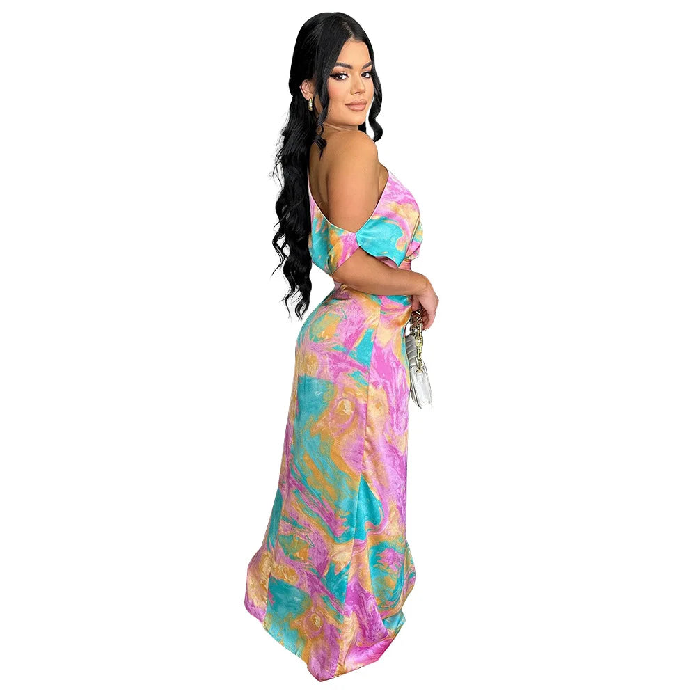 CM.YAYA Women Skew Collar Tie-dye Print Long Dress Summer Streetwear Beach Evening Sexy Night Party Split Maxi Dresses Vestidos