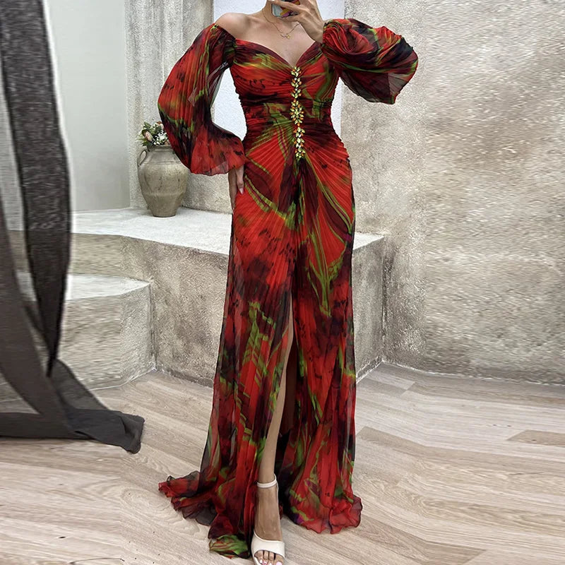 Women Folds Loungewear Holiday Dress, Spring Autumn Long Sleeve Sexy Zipper Maxi Dress, Print Fashion Elegant Ladies Party Dress