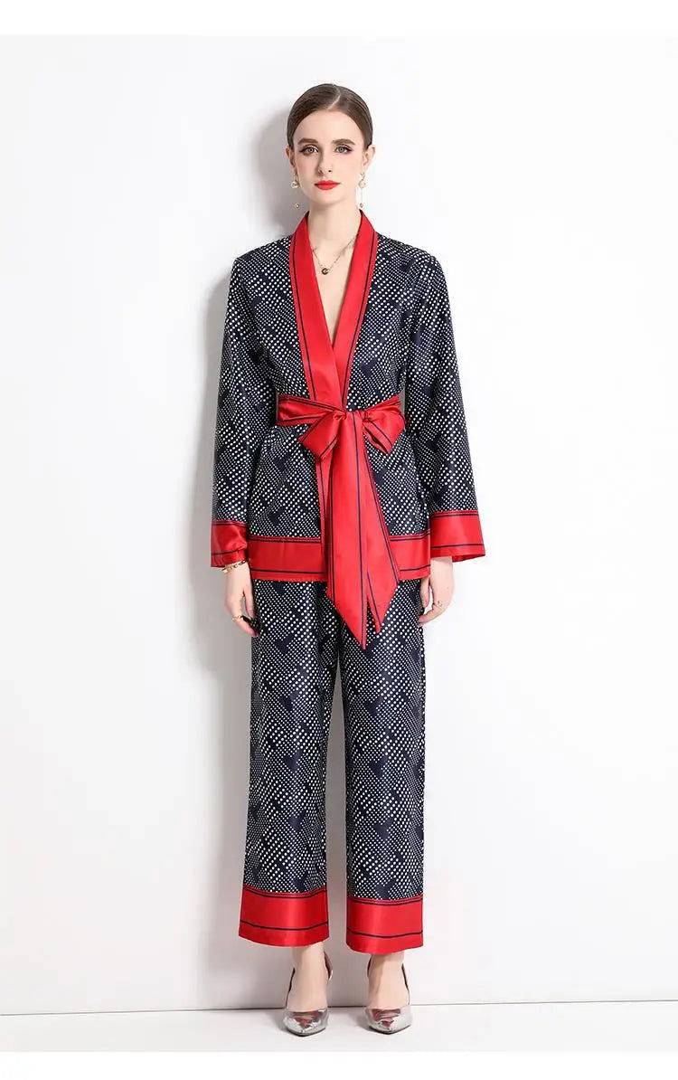 Women Contrast Dot Print V-Neck Loose Lace Up Top+Elastic Waist Wide Leg Pant Suit Autumn Fashion Kimono Cardigan Two Piece Set