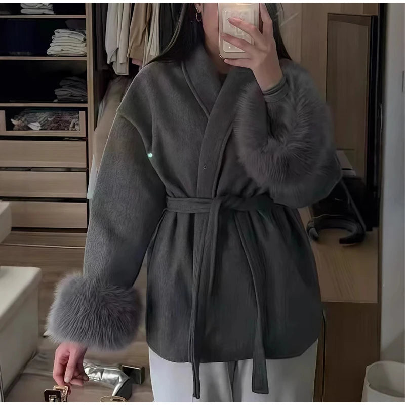 Plush Cuffs Belt Women 's Coats Elegant Lapel Faux Fur Sleeve Twist Open Coat Female 2025 Autumn Winter Fashion Lady Streetwears