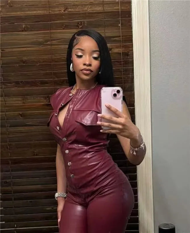 Solid Color Dark Red Wide Leg Pu Leather Jumpsuit for Women