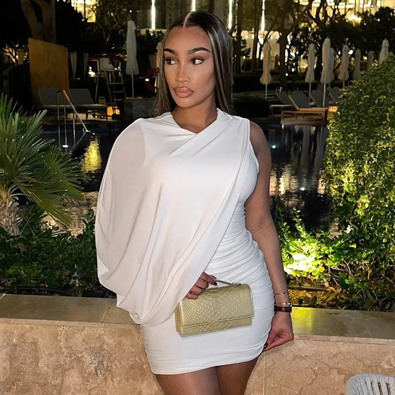 Joskaa Elegant Pleated O-Neck Asymmetric Single Sleeve Body-Shaping Mini Dresses for Women 2025 Summer Holiday Party Clubwear