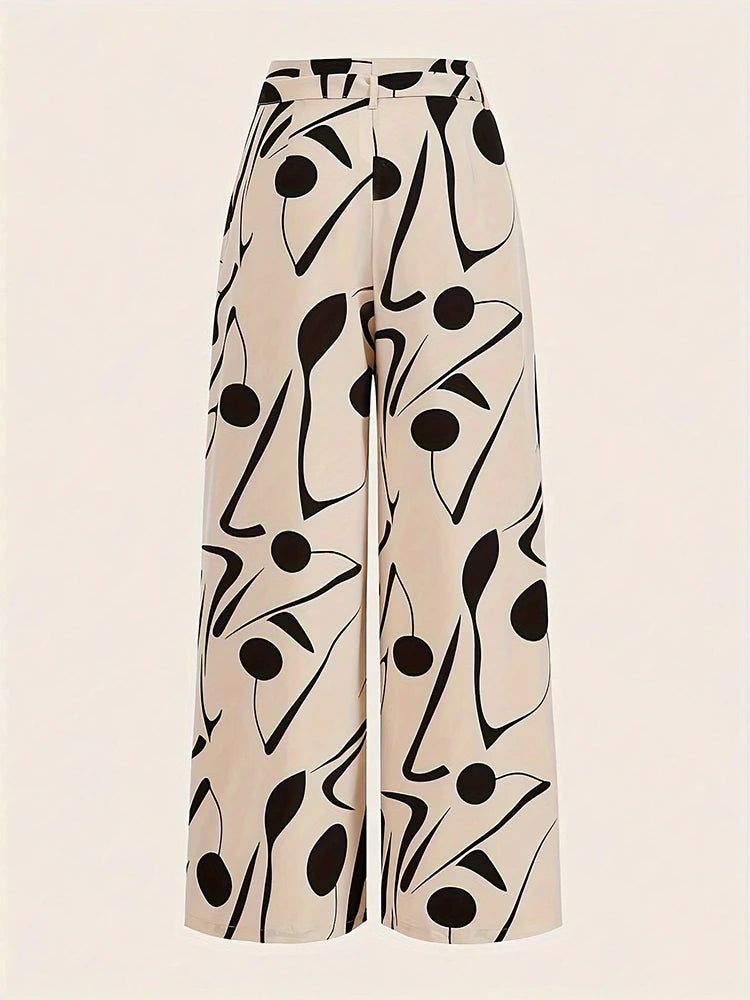 Ladies Abstract Print Belt Casual Wide Leg Pants Fashionable Loose Fit Trousers for Women