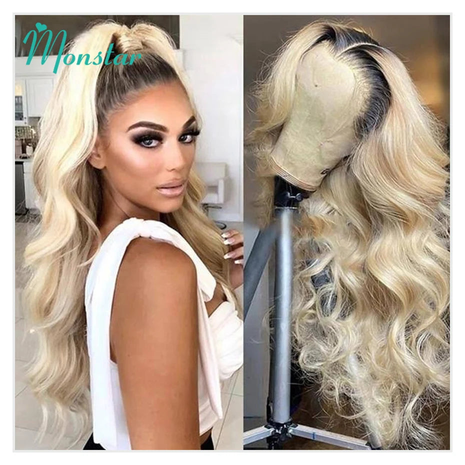 13x6 Lace Frontal Wig Brazilian Straight Full Lace Human Hair Wig 2 Tone Dark Root 1B 613 Ombre Blonde Lace Front Wigs for Women