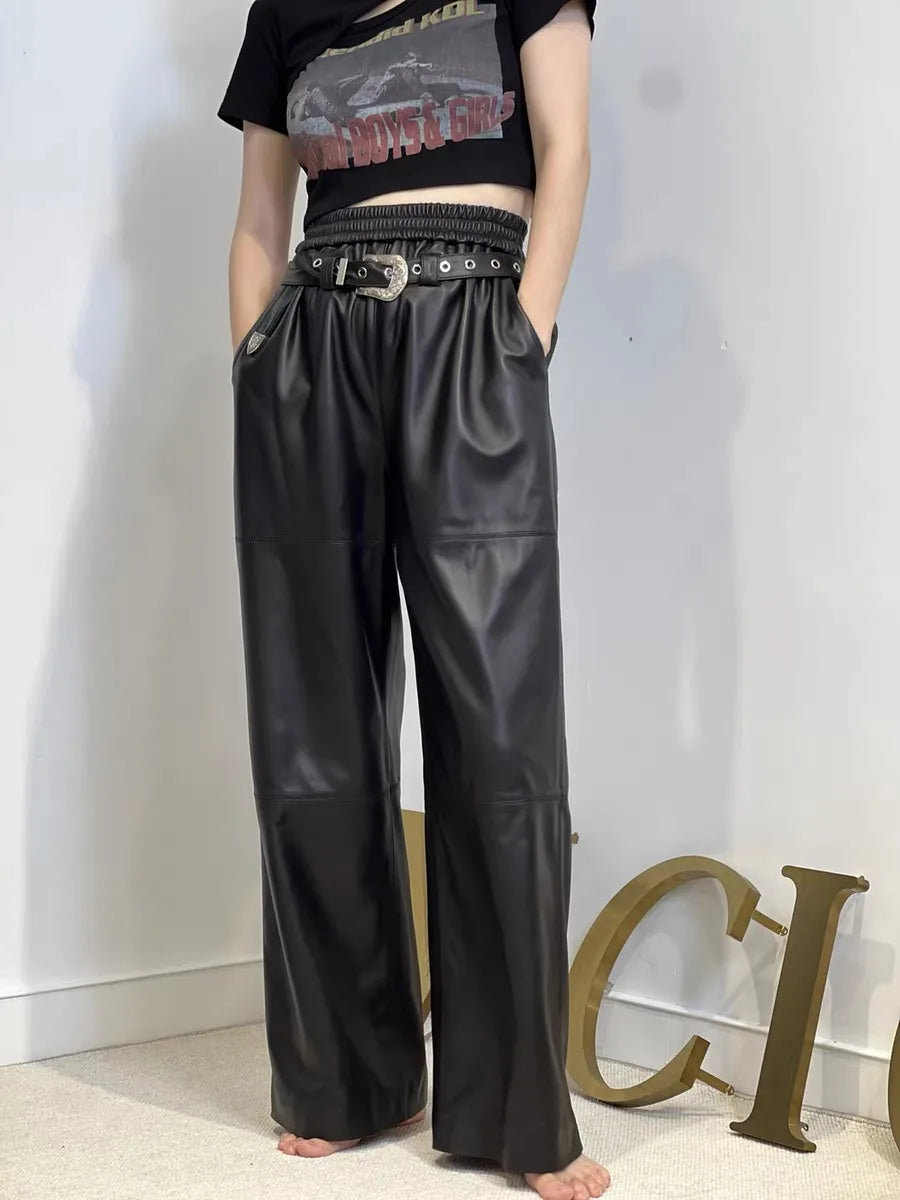 Y2K Cargo Pants Women High Waist Baggy Pants 2025 New Korean Fashion Wide Leg Genuine Leather Trousers Streetwear Loose Style