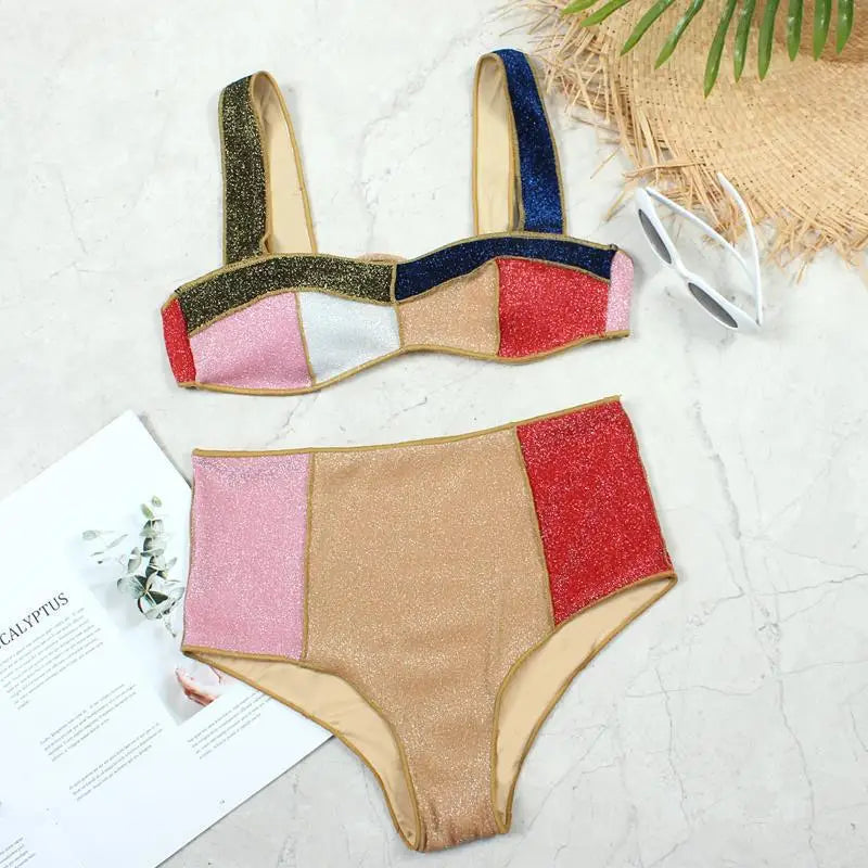 Swimsuit New Bikini High Waist Women's Gold Silk Color Printed Swimsuit Swimwear
