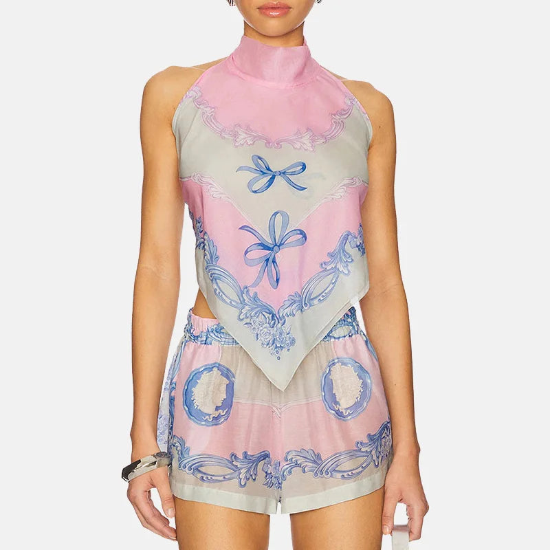 Pattern Printed Sleeveless Hollow Two Piece Set Summer Bohemian Women Holiday Outfit Casual Halter Lace Up Top+Shorts Beach Suit