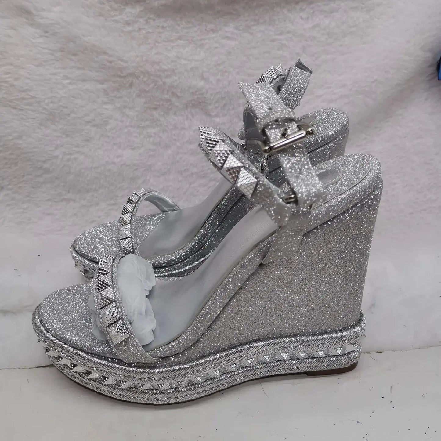 Open Toe Metallic Buckle Platform Wedge Sandals For Women