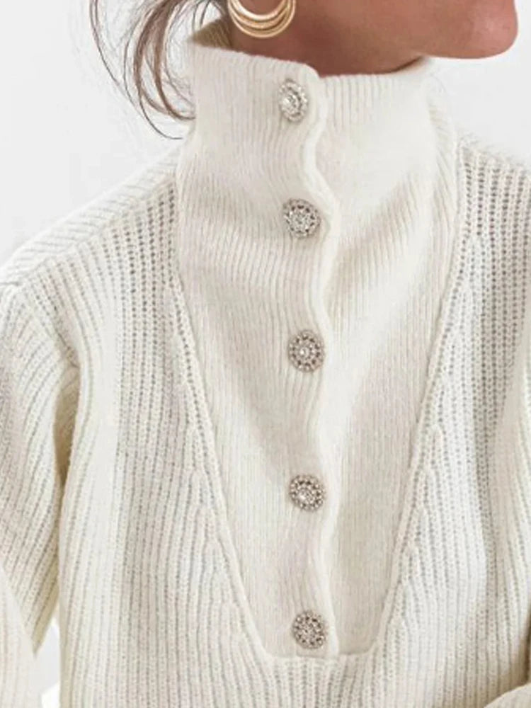 Casual White Pullovers Sweaters Female Fashion Long Sleeves Buttoned High-Neck Sweater Tops Fall Clothes 2025 Women