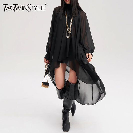 TWOTWINSTYLE Solid Loose Sheer Spliced Folds Fashion Blouses for Women High Neck Long Sleeves Irregular Blouse Female Clothing