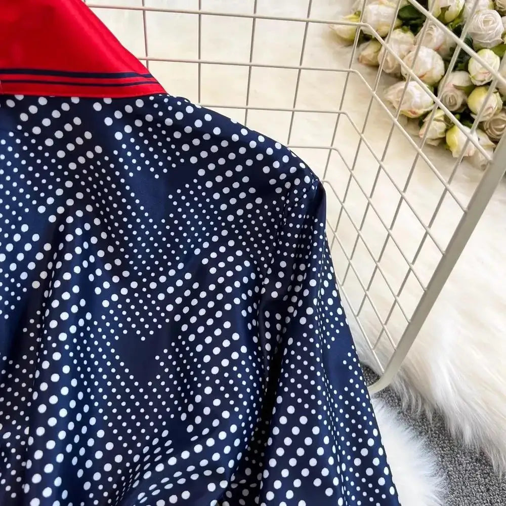 Women Contrast Dot Print V-Neck Loose Lace Up Top+Elastic Waist Wide Leg Pant Suit Autumn Fashion Kimono Cardigan Two Piece Set