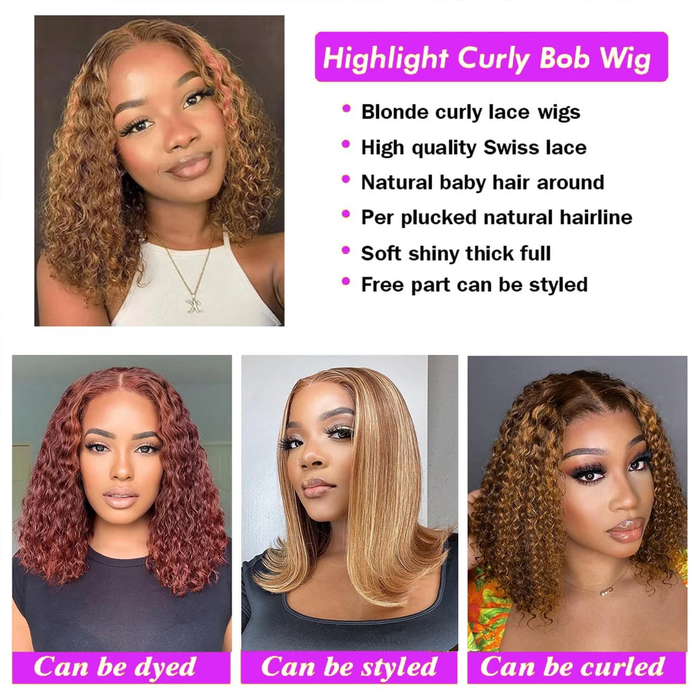 250% Density Highlight Short Curly Bob Wig Deep Wave Bob Lace Wig 13x4 Lace Front Human Hair Wigs Brazilian Virgin Human Hair