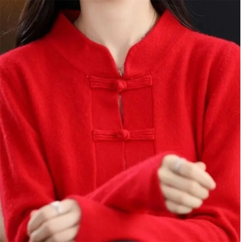 Vintage Knitted Cardigan Women's Thickened Half High Collar frog Loose Slim Sweater Coat Chinese Style Top Autumn And Winter N