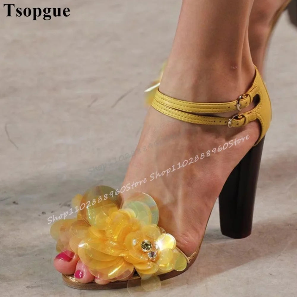 Red Plastic Sheet Flower Decor Sandals Chunky High Heel Women Shoes Ankle Buckle Strap Open Toe Luxury Catwalk Banquet Sandals