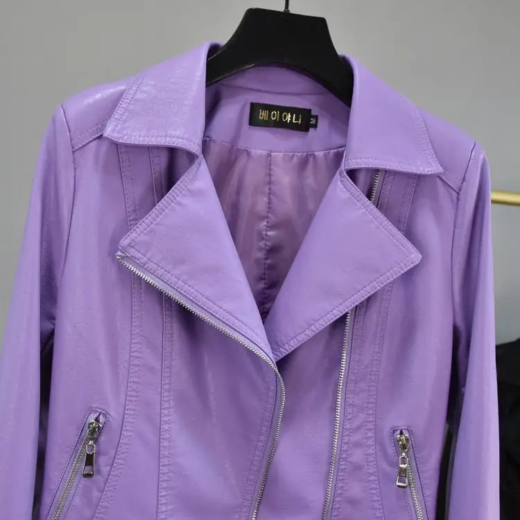Purple Leather Jacket Women's Short Coat Slim Spring and Autumn Short Clothing