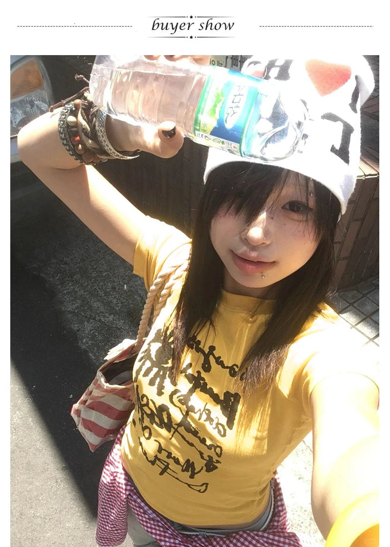 Karrram Japanese Y2k Letter Print T-shirt Vintage Harajuku Crop Top Trashy 2000s Style Short Sleeve Tee Shirt American Retro 90s