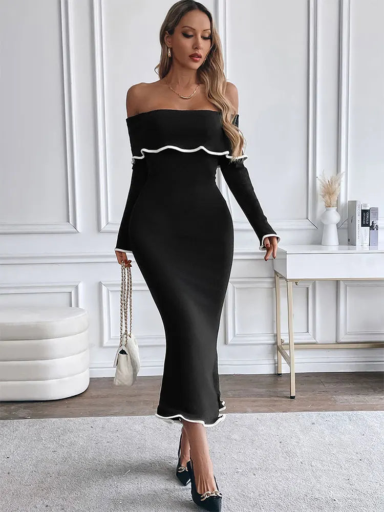 Women New Dresses Spring Fashion Long Sleeves High Quality Maxi Dress Black Sexy Backless Strapless Lady Elegant Dress Clothing