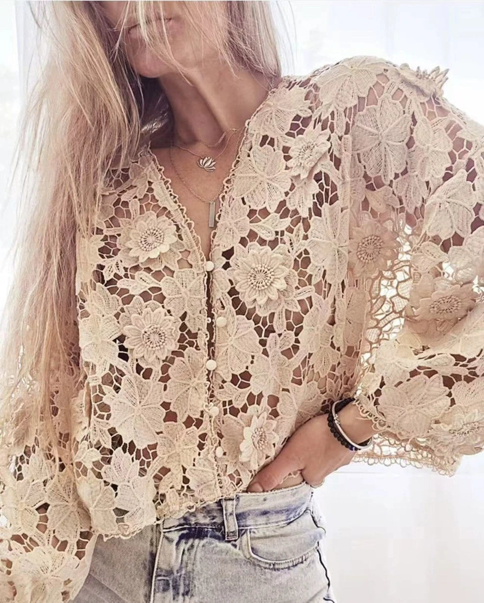 Summer Hollow Out Lace Loose Blouse Women V Neck Lace Flowers Single Breasted Long Sleeve Crop Tops Streetwear Fashion Shirts