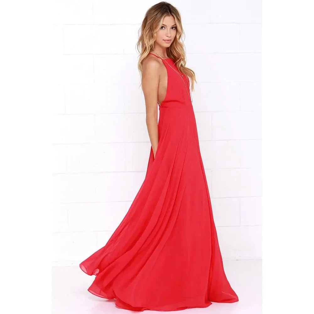 Fashion Women Summer Sleeveless Strap O neck Boho Dress Casual Long Maxi Evening Party Beach Backless Dress Sundress