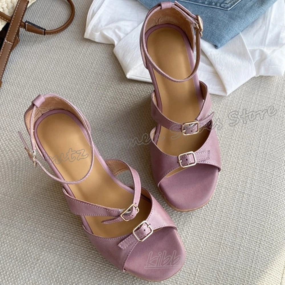 Wedges Sandals Round Toe Belt Buckle Leather Mixed Color Novelty Fashion Elegant Concise Sexy Women Summer Beach Party Shoes New