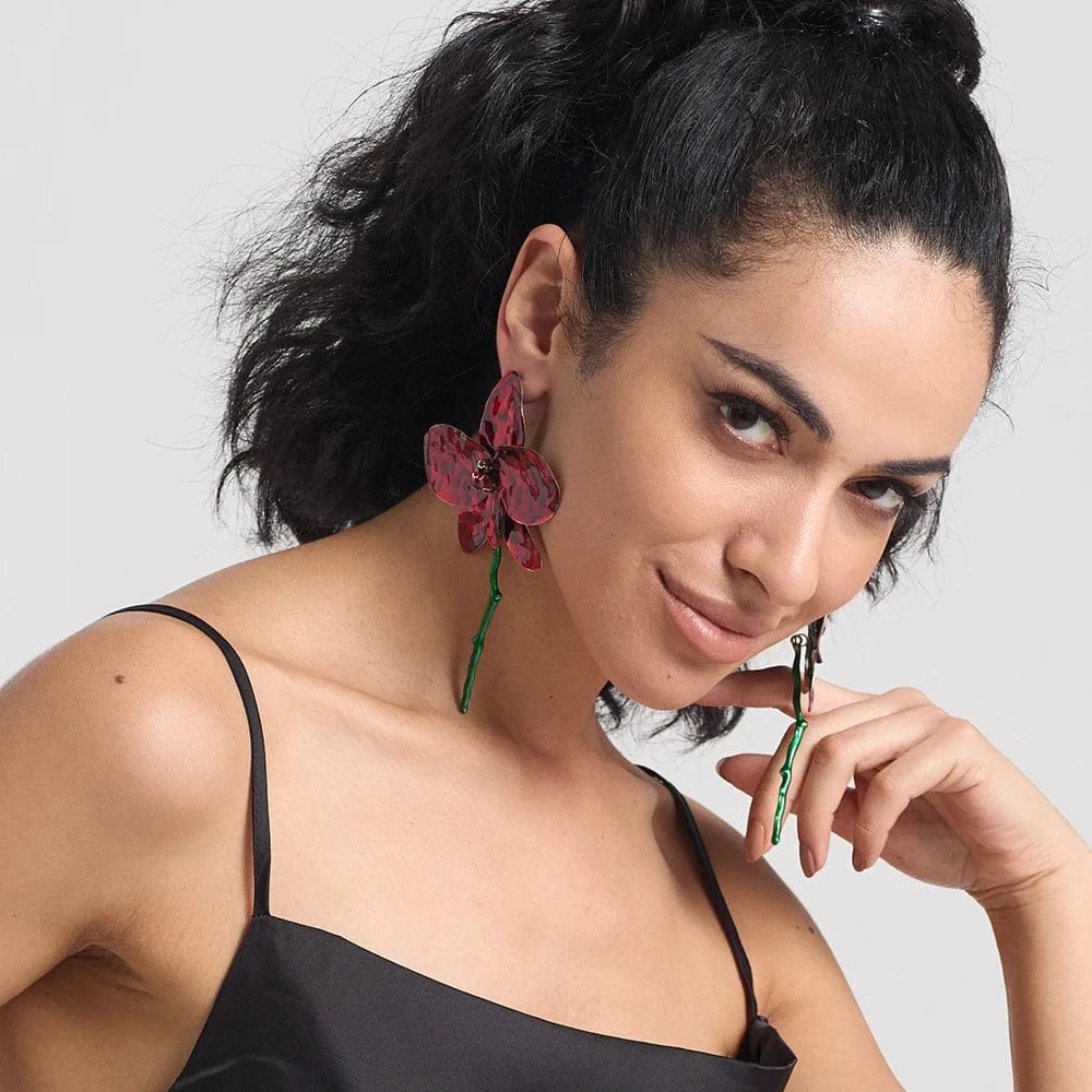 New Arrival Exaggerated Large Red Flower Drop Earrings High-Quality Trendy Long Earrings For Women Statement Jewelry Accessories