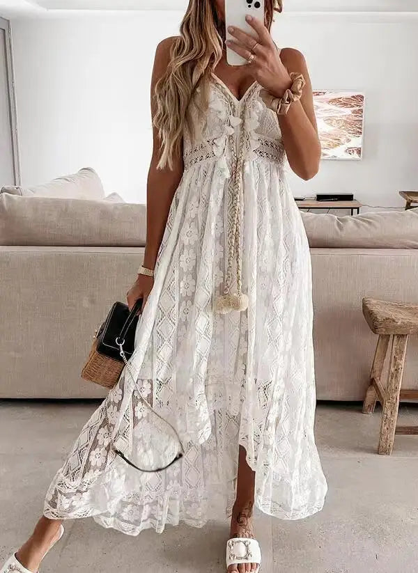 Summer Women Lace Strapless Flared Maxi Dress Solid White Long Dress Sleeveless V Neck Flowy Ruffle Bohemian Dresses