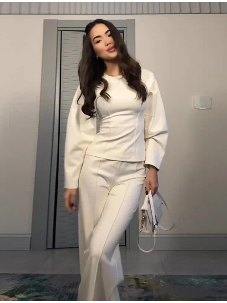 Elegant Women Casual Solid Pants Suits Round Neck Full Sleeve Shirt Wise Leg Straight Pant Suit Lady New Basic 2 Pieces Set 2025