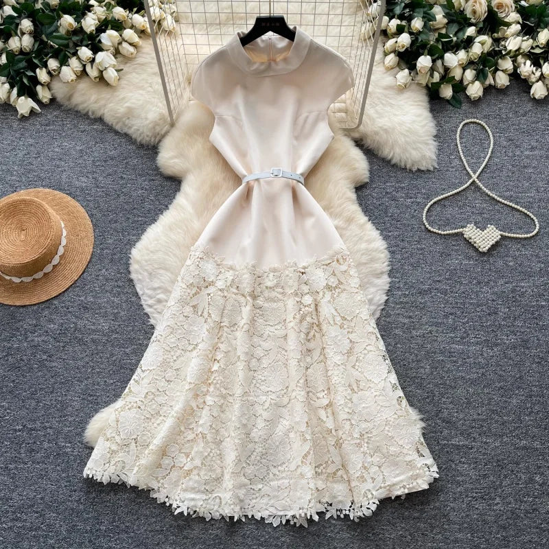 Elegant Lace Patchwork A-Line Midi Dress for Women