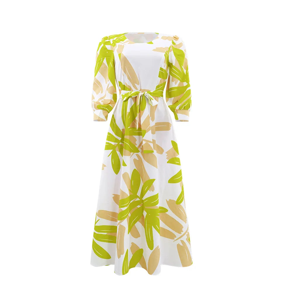 Summer Women's Printed Maxi Dress New Long Sleeve Waist Tie Sun Dresses Fashion Loose Women's Casual Dress 2024